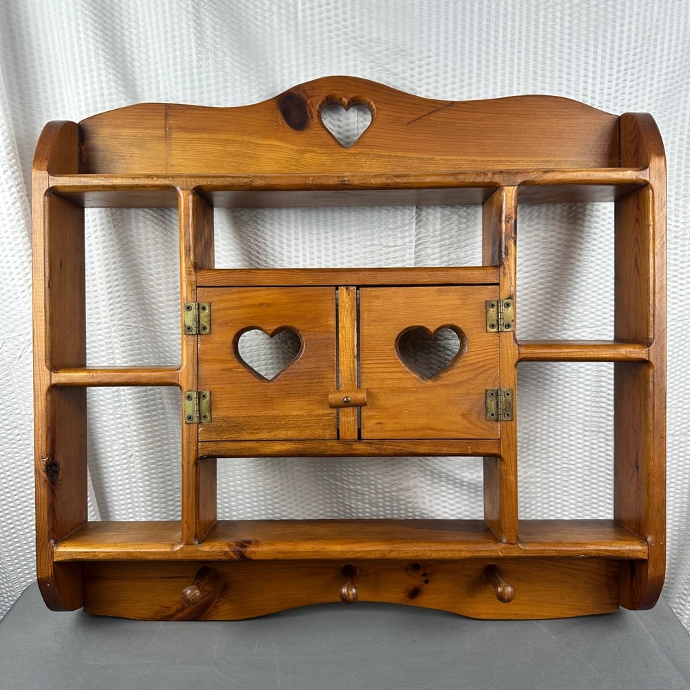 VTG Wood Handmade Wall Shelf Heart Cutout Cabinet Cubbies Pegs Country Farmhouse